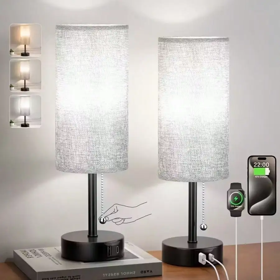 Touch Control Table Lamps With USB Ports & AC Outlet, 3 Way Dimmable Bedside Lamps With Fabric Shades, A19 LED Bulbs Included, Perfect For Bedroom, Living Room, And Reading，sr260225092317440058054