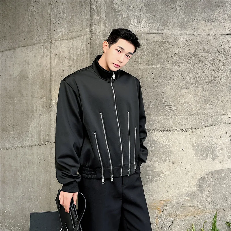 2024 Autumn New Stand Collar Jackets Men's Multi-zipper Splicing Design Coat Fashion Handsome Trendy Long Sleeve Short Coat Tops