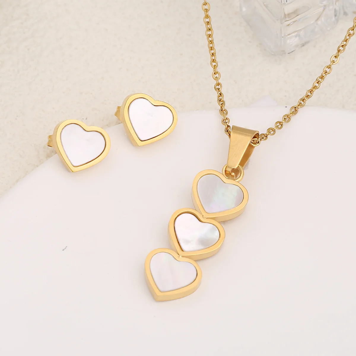 

Romantic & Beautiful Heart Triple Love Stainless Steel Necklace Earrings 2pcs Set for Women, Gentle & Elegant