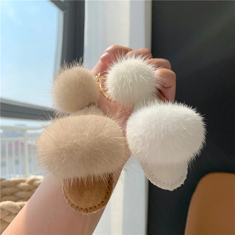 

Mink Fur Pompom Genuine Real Leather Boot Shoe Slippers Keychain Women Car Key Chain Fluffy Bagpack Accessories Pendant