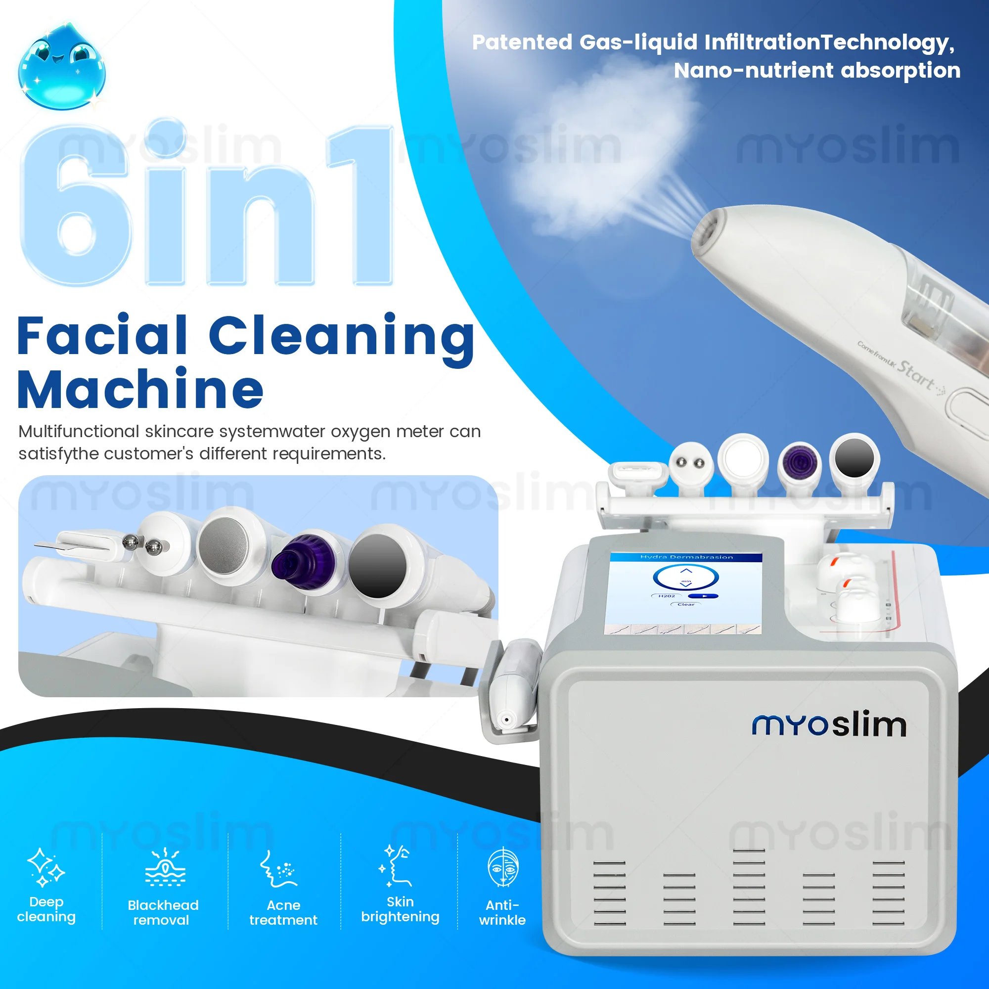 

6-in-1 Hydro Facial Beauty Machine Water Oxygen Jet Peel Microdermabrasion Vacuum Facial Device for Skin Care