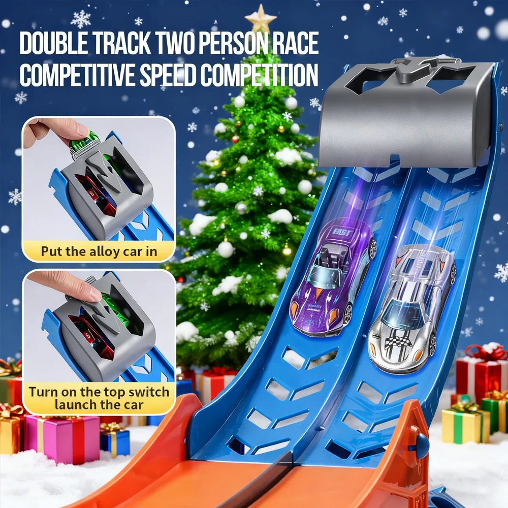 Double-Rail Transforming Toy Truck Christmas Gift with 6 Mini Cars Color Box Packaging Perfect Holiday Surprise for Kids