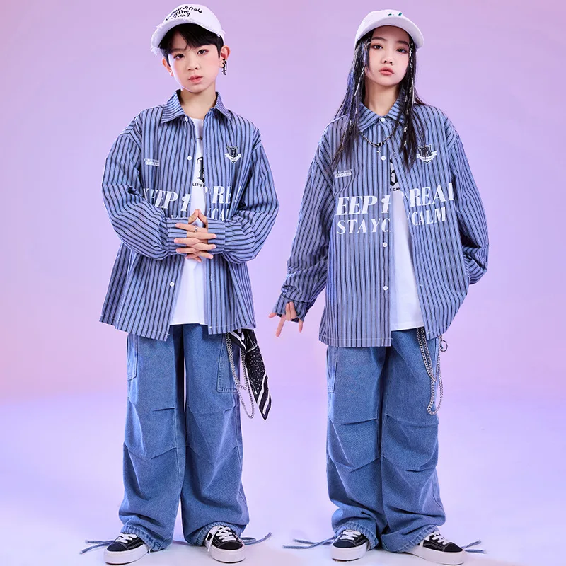 Boy Hip Hop Clothing Blue Striped Shirt Tops Pleated Denim Jeans Baggy Pants for Girl Kid Jazz Dance Wear Costumes Clothes