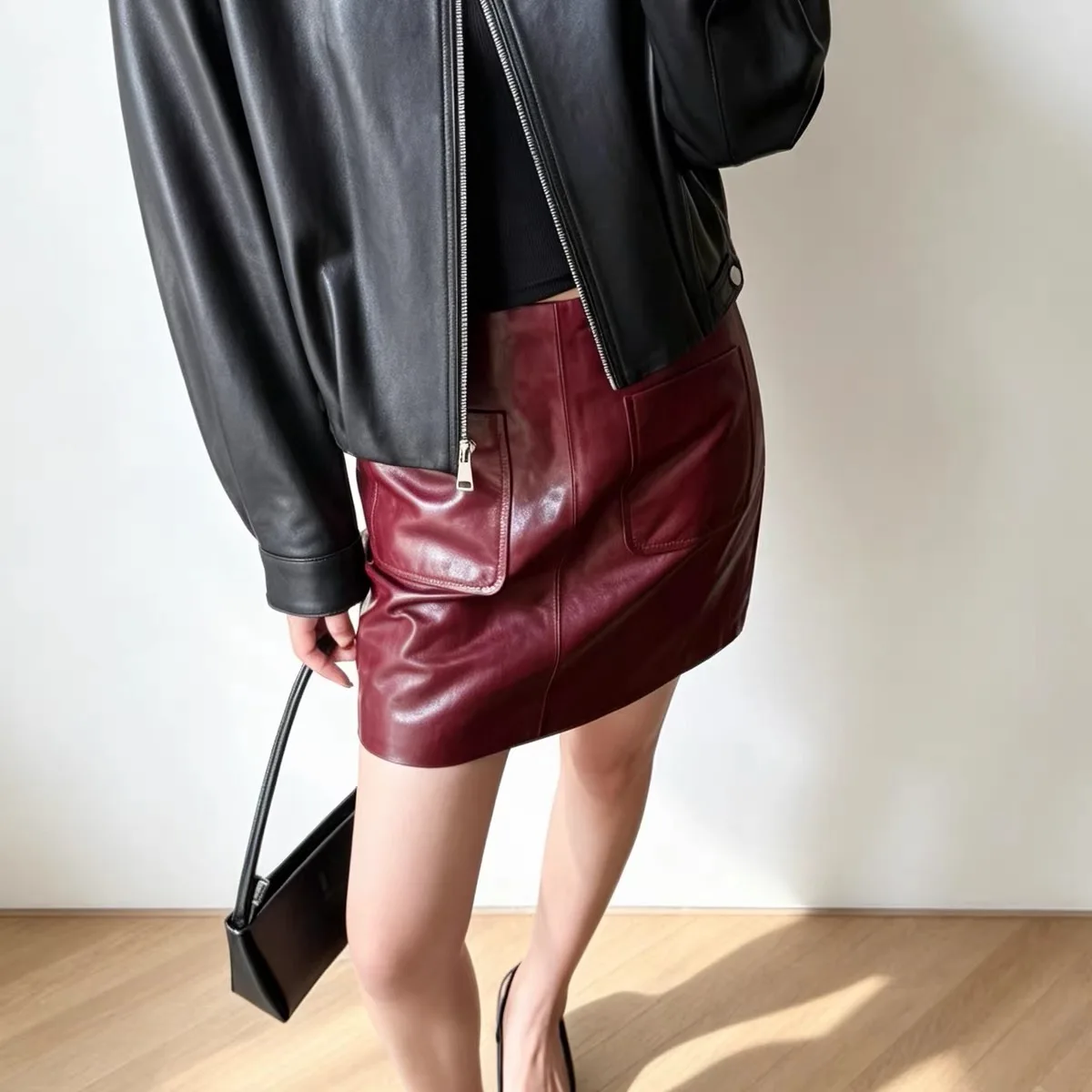 Oil Wax Real Leather Mini Skirt for Women High-end 100% Sheepskin Short Pocket Sexy Front  Scratch Wrinkles Mini Skort