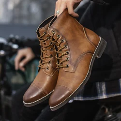 Classic Vintage Western Cowboy Boots Men Fashion Brown Leather Mens Boots Comfortable Pointed Knight Shoes Male Motorcycle Boots