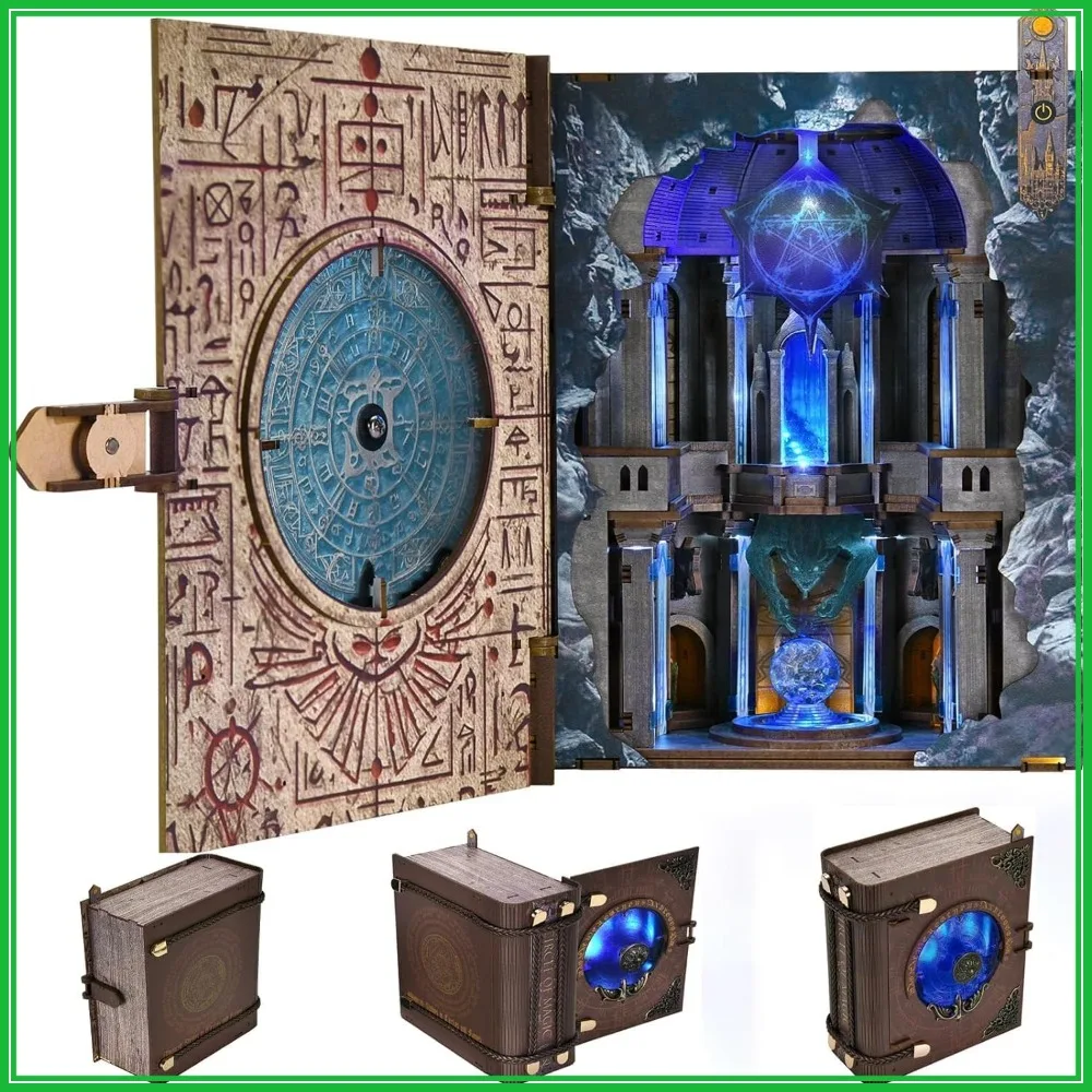 

Magic Book Nook Kit - Openable Miniature Dollhouse, 3D Wooden Bookend with LED Light, Wizard Themed DIY Craft for Adults Teens
