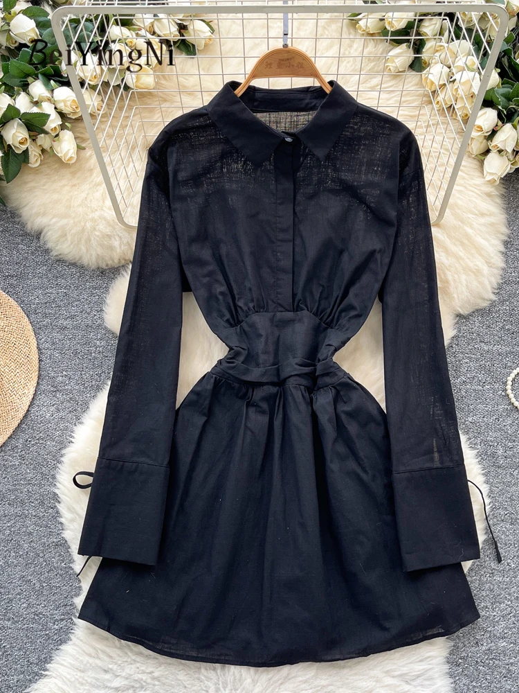 Beiyingni Abito camicia da donna Primavera Autunno Moda Bottoni a maniche lunghe A-line Mini Abiti Abiti femminili coreani in vita elastica