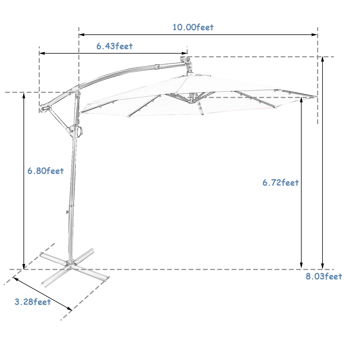 10FT Patio Offset Umbrella Solar Powered LED 360° Rotation Aluminum Blue