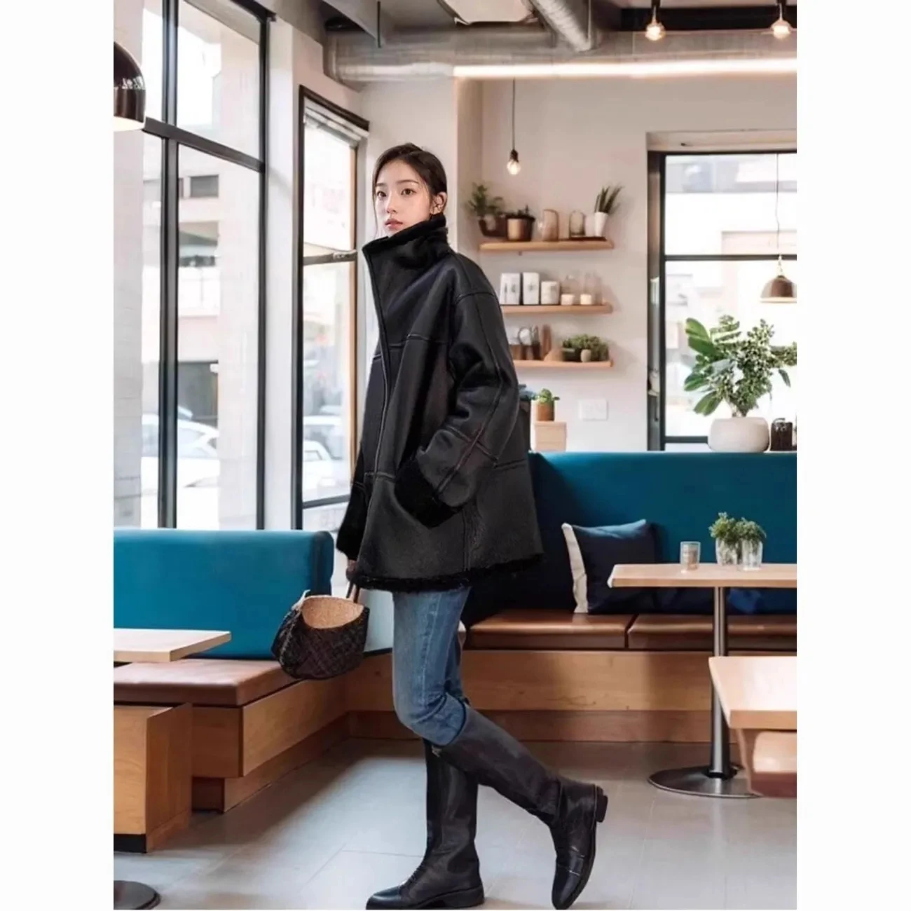 Koreanische Nachahmung Lammfell Langarm Pelz Einteilige Jacke frauen Mantel Winter Neue Warme Lose Motorrad Kragen Leder mantel