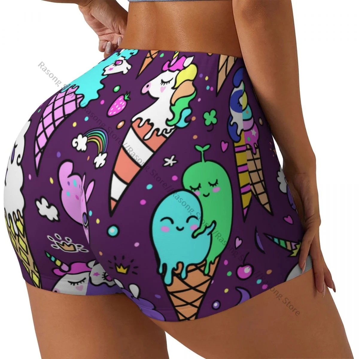 

Yoga Shorts Ice Cream Unicorn Purple Print Women Biker Tight Elastic Workout Sports Leggings Sportswear