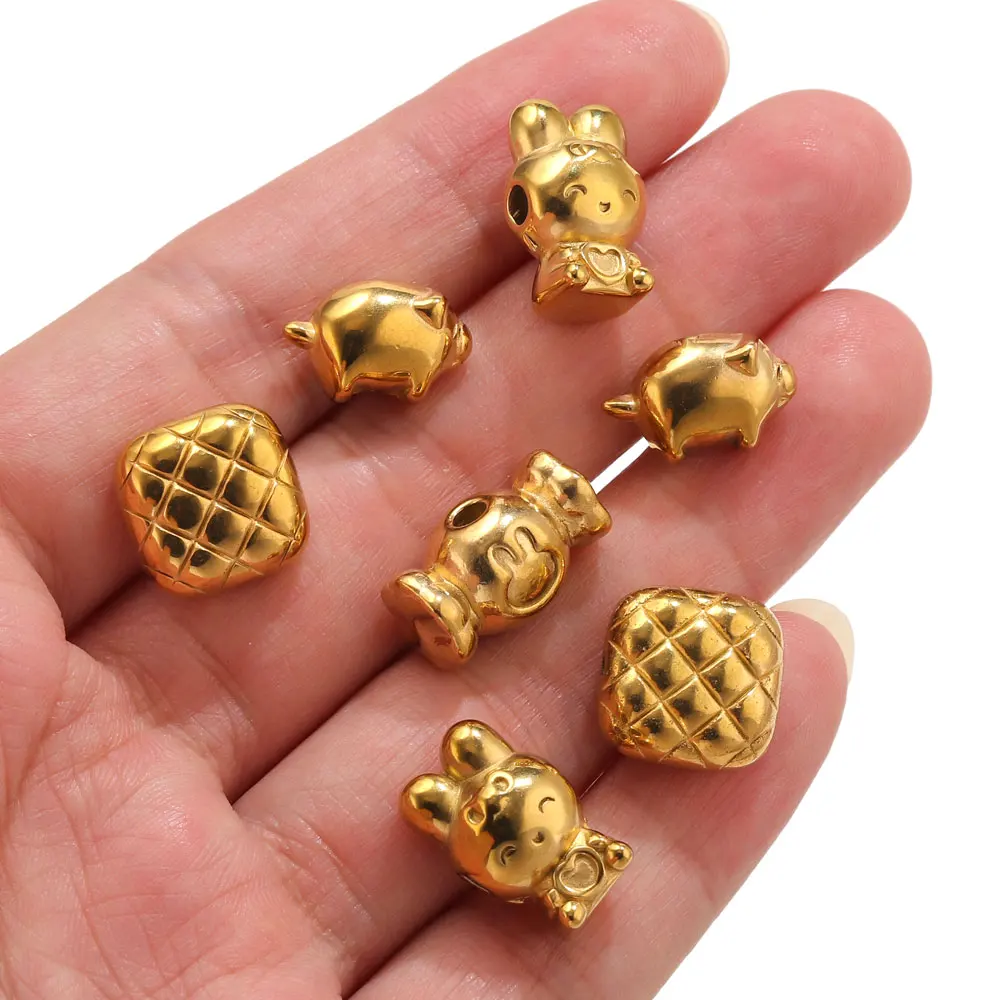 5 Stück Edelstahl-Abstandshalterperlen in Form von Kaninchen und Schwein für Armbänder, DIY, handgefertigte lose Perlen, vergoldete Perlen, Schmuckzubehör – Detail 1