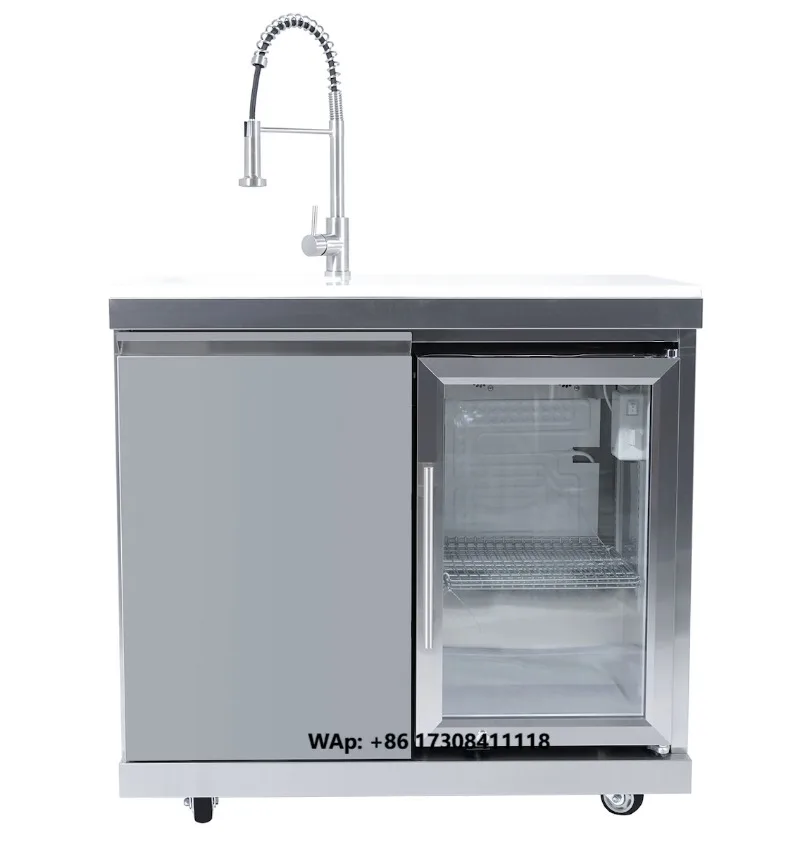 Hot Sale 304 Stainless Steel Sliver Kitchen Cabinet Easily Cleaned Storage Cabinet with Sink and Refrigerator for BBQ Tool