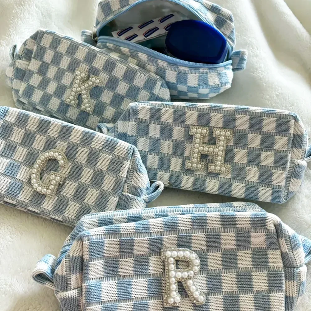 

Custom Initials Blue Checkered Pouch Bridesmaid Favors Makeup Bag Beach Bachelorette Coastal Cowgirl Last Toast on The Coast