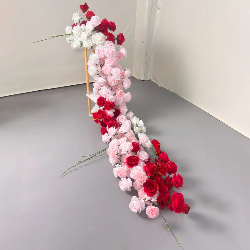 

2.4M Luxury Artificial Red Rose Flower Wedding Road Guide Flowers Backdrop Decor Arrangement Floral Row Display Event Banquet