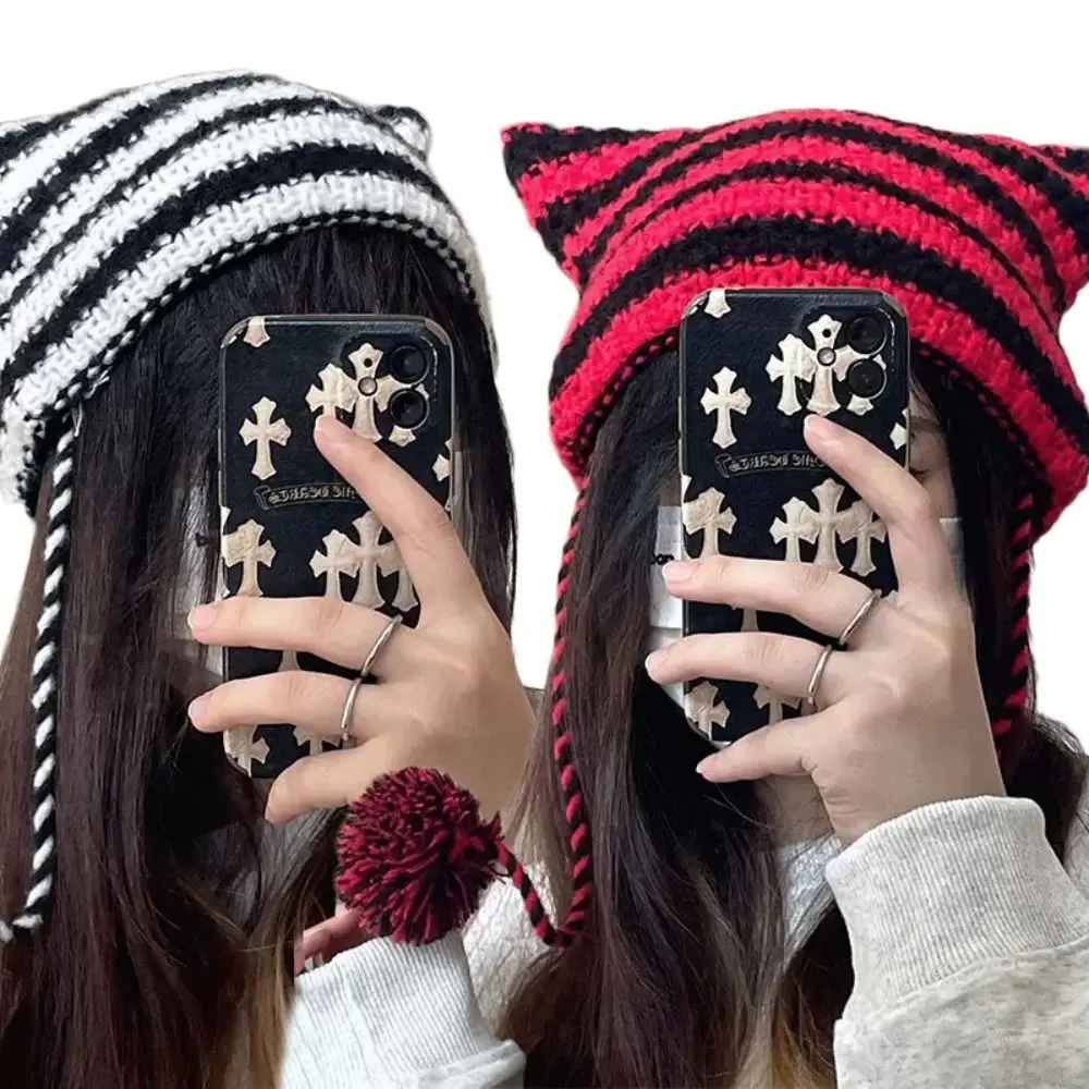 Casual Cap Cute Cat Ears Autumn Winter Women\'s Hats Knitted Wool Cap Striped Japanese Beanie Hat Ins Little Devil