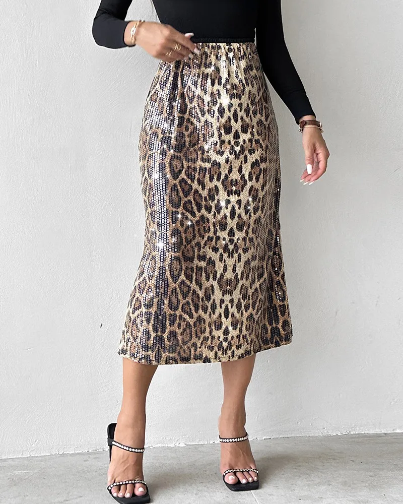 Spring Women Sexy Elegant Leopard Pattern Allover Sequin Skirt