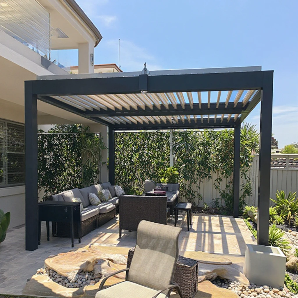 Latest New Modern square Tube Aluminum Frame Outdoor Motorized Pergola Louver Roof Sunshade Aluminium Louver Shutter Roof