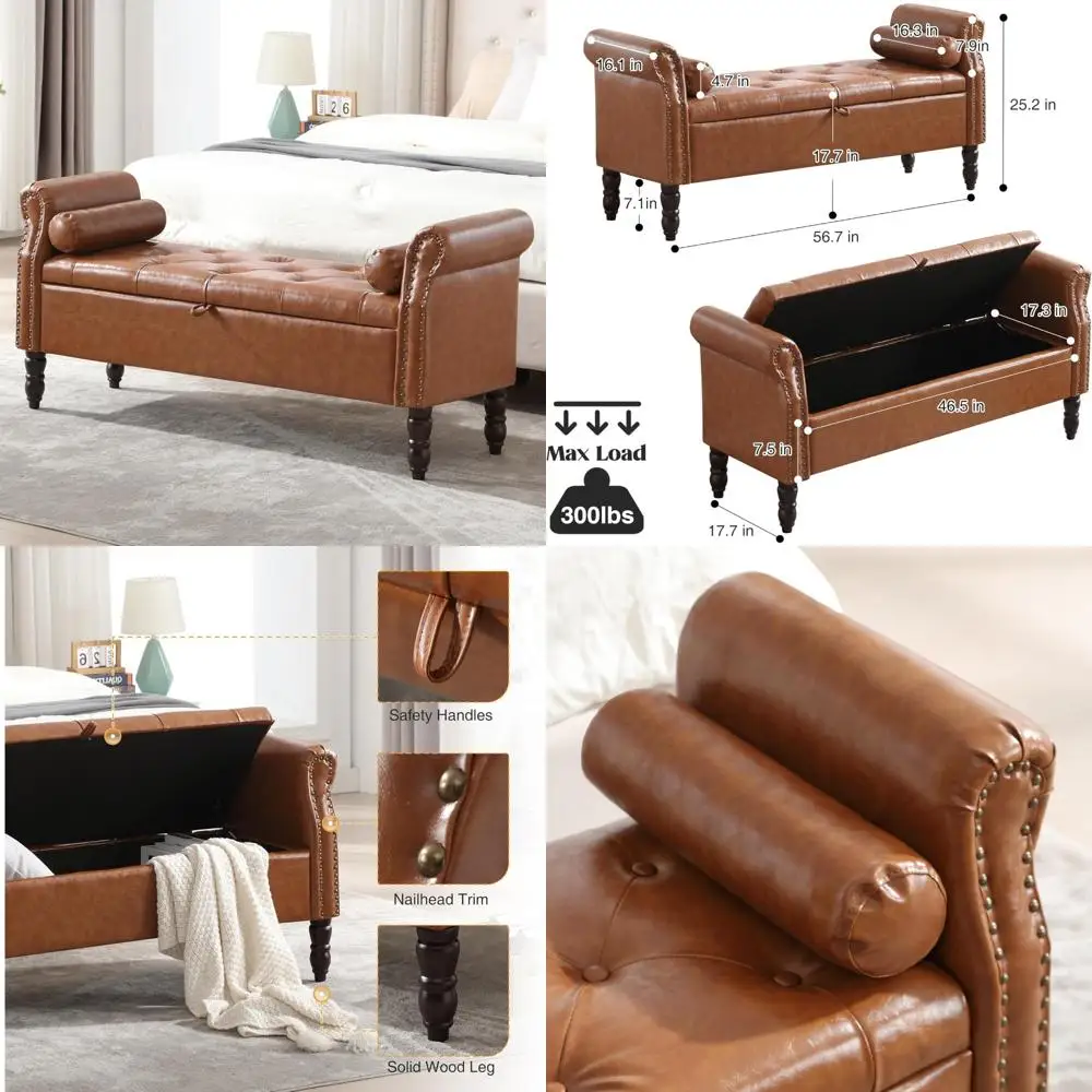 Bedroom Storage Bench, Upholstered Tufted Ottoman with End of Bed Storage, 57 Long, PU Fabric Bench for Bedrooms