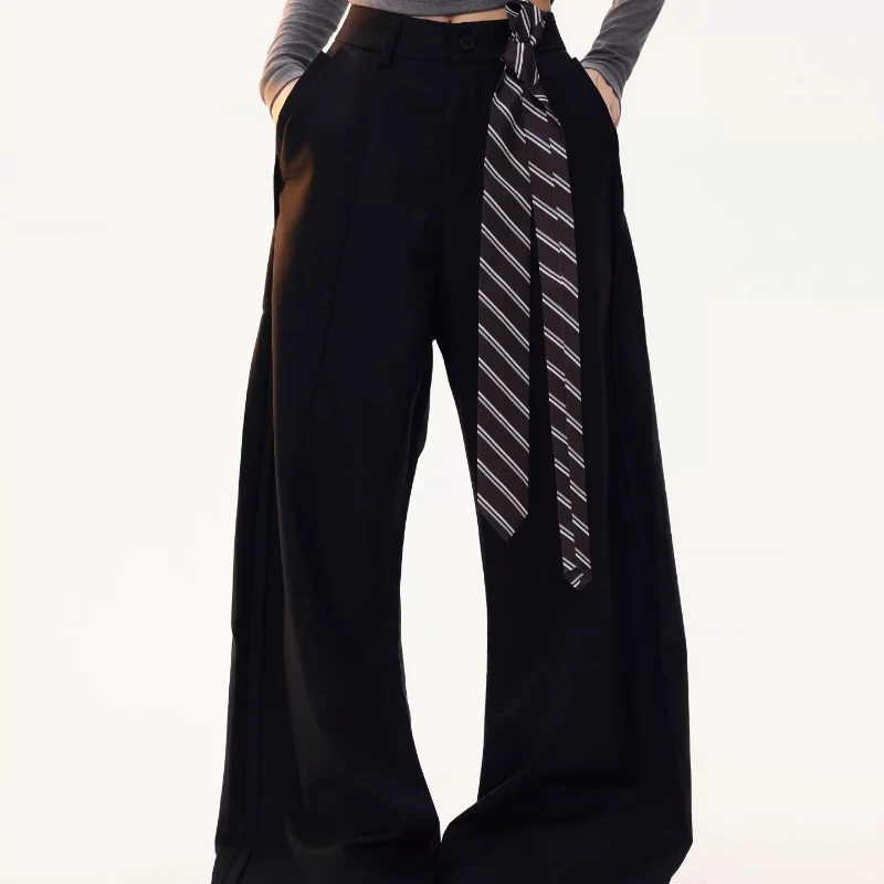 Vintage Striped Ribbon Cargo Women's Trousers 2026 Spring New Sweet Cool Straight-Leg Suit Wide-Leg Floor-Length Pants Ladies