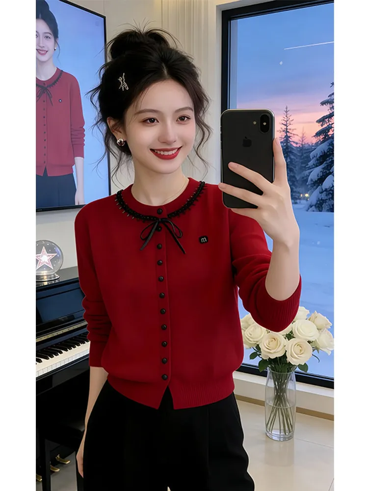 

Красный вязаный свитер женский, базовый слой, уникальный, красивый, весенне-осенний, новогодний, повседневный, свободного кроя, с длинным рукавом, круглый вырез