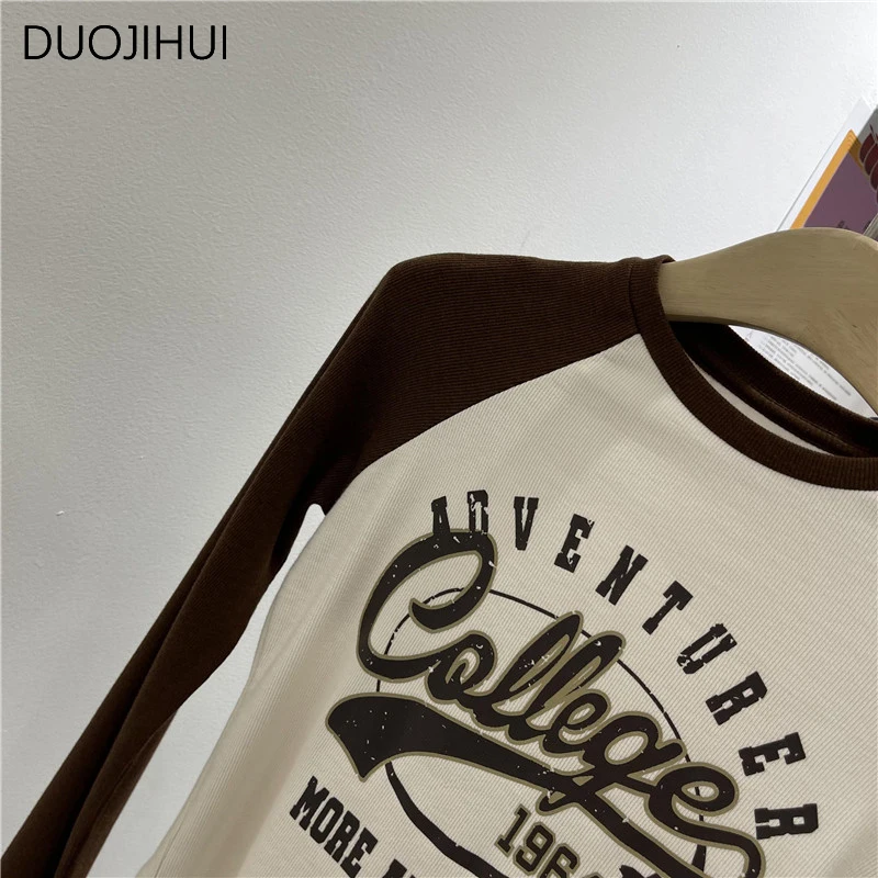 DUOJIHUI Spring Chic Letter Printing Simple Slim Female T-shirts Basic Long Sleeve Contrast Color Fashion Casual Women T-shirts