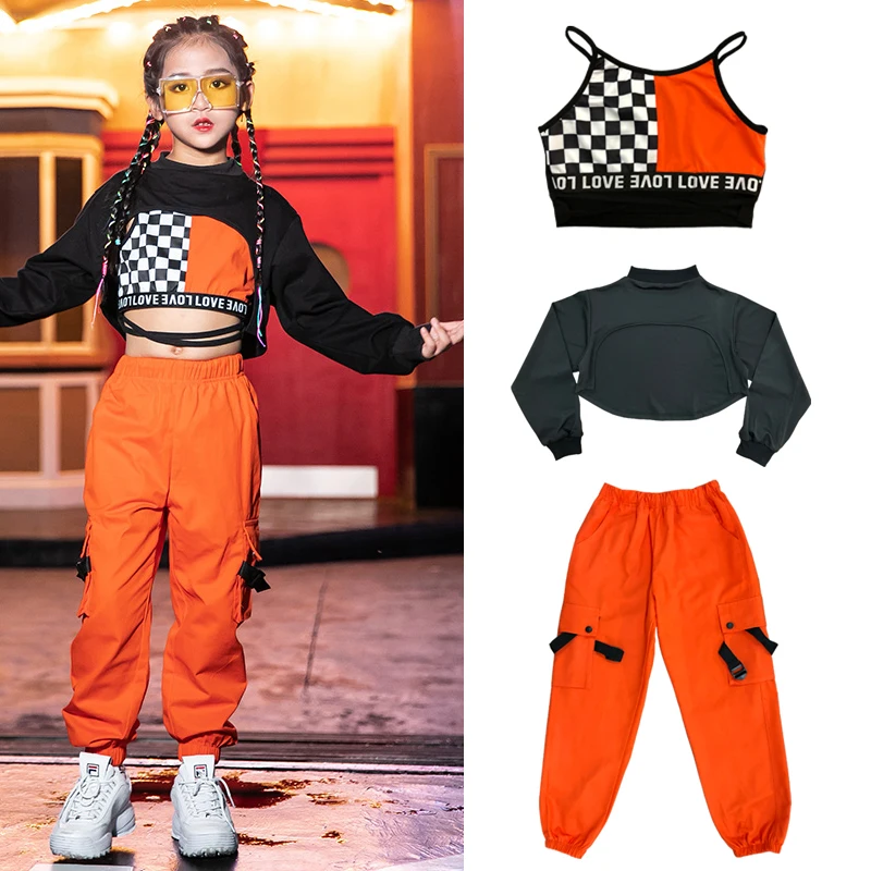 Modern Cheerleader Stage Performance Wear Hip Hop Dance Costumes For Kids Street Dance Clothes Orange Kpop Outfits Girls