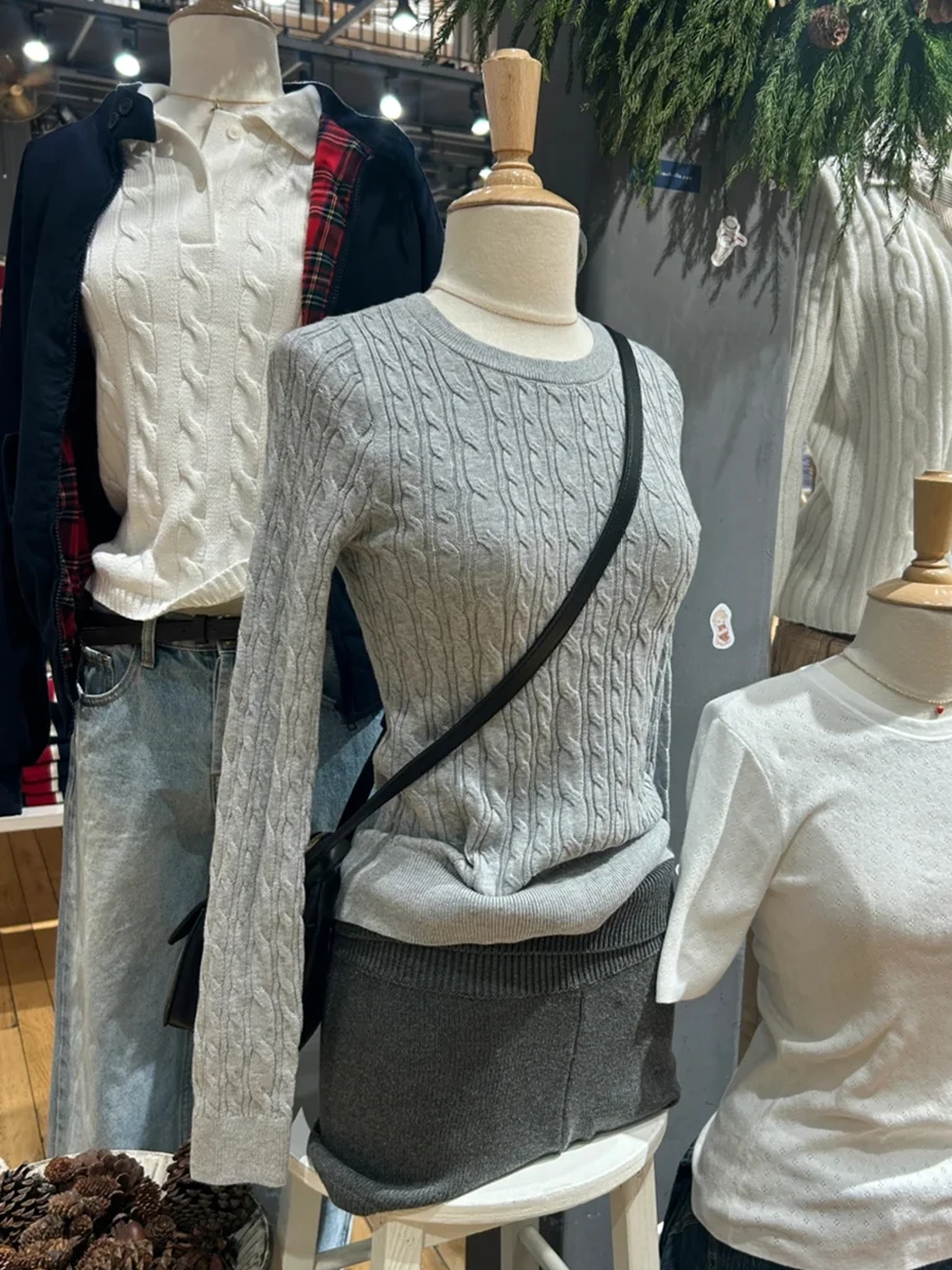 

Серый вязаный тонкий свитер, женский весенний хлопковый пуловер с круглым вырезом и длинными рукавами, женский однотонный повседневный простой милый джемпер, новый