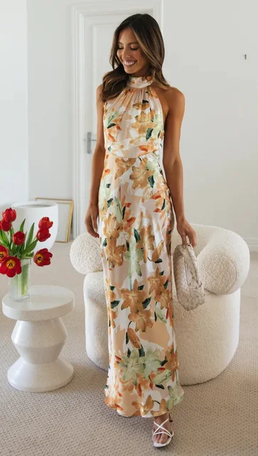 Kwiatowy nadruk na szyi Halter Leace-up Slim Long Dresses Women Fashion Backless Elegant Lady Bodycon Party Dress 2024 New Vestidos