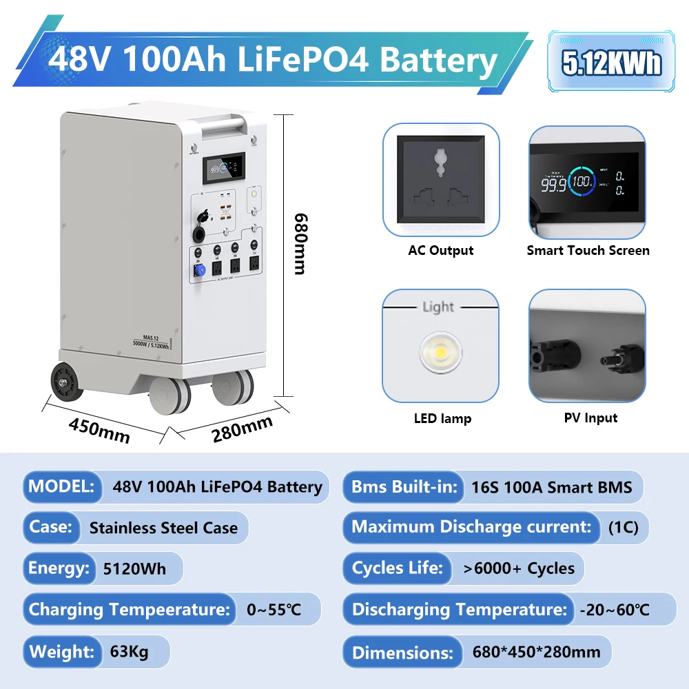 5000W Portable Power Station LiFePO4 48V 100Ah 5Kwh 6000W MPPT Inverter With Light 18W-USB EU AC Input/Output PV Input EU STOCK