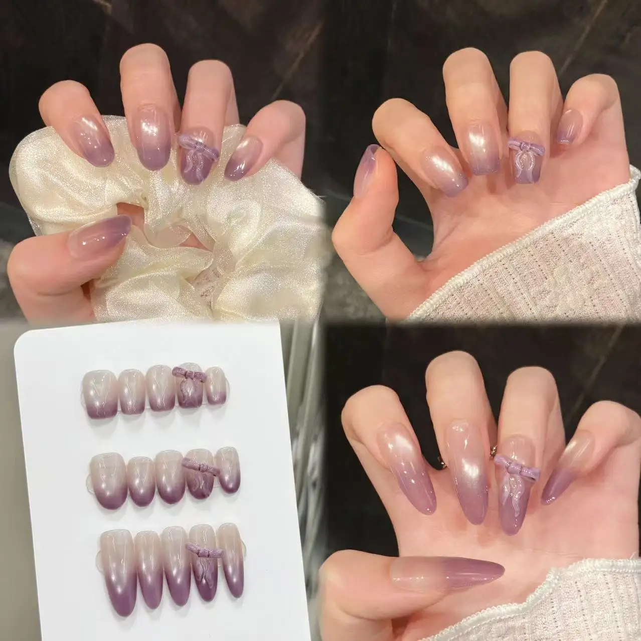 10pcs Handmade Purples French Press on Nails Sweet Korean Bow Fake Nails Full Cover Wearable Glitter Cat Eye False Nail Tips