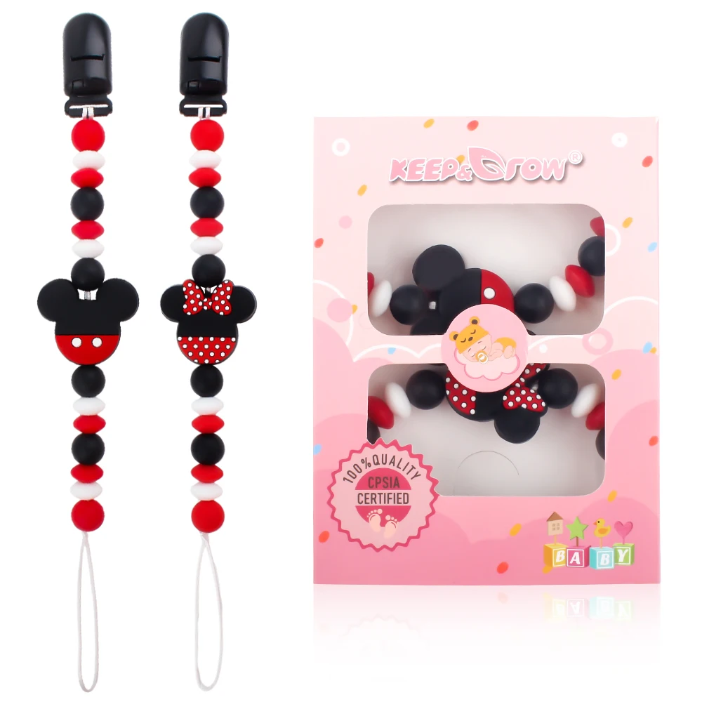 2PCS Pacifier Chian Clips Mouse Shape Baby Silicone Beads Anti-Lost Nipple Holder Handmade Dummy Holder Nursing Gift With Case