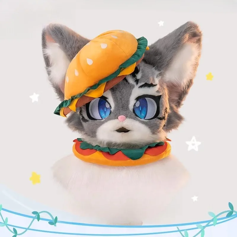 

Fursuit Cosplay Costume Cute Furry Hamburger Hat Scarf Set Kawaii Burger COS Funny Headwear for Party Decoration Props