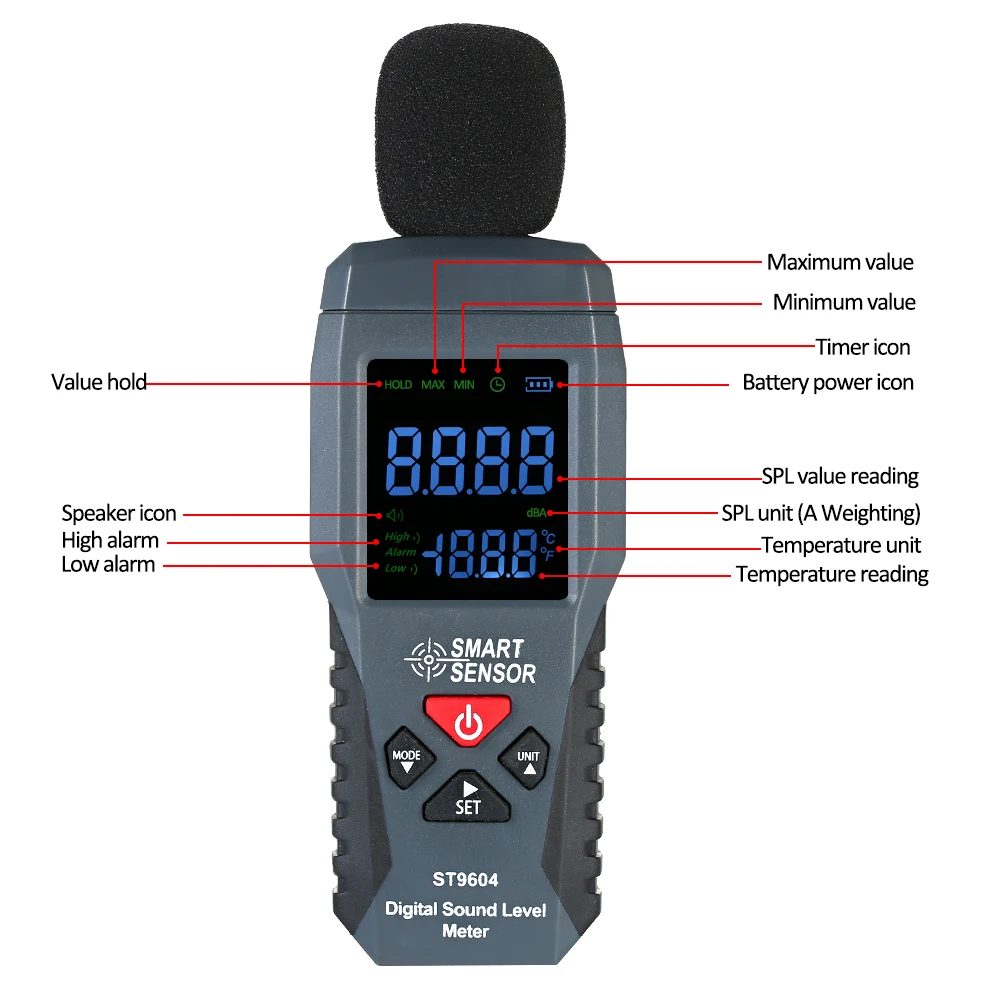 Inteligentny czujnik cyfrowy miernik poziomu dźwięku 30-130 dB miernik decybeli podświetlenie LCD miernik hałasu sonometru z funkcją termometru