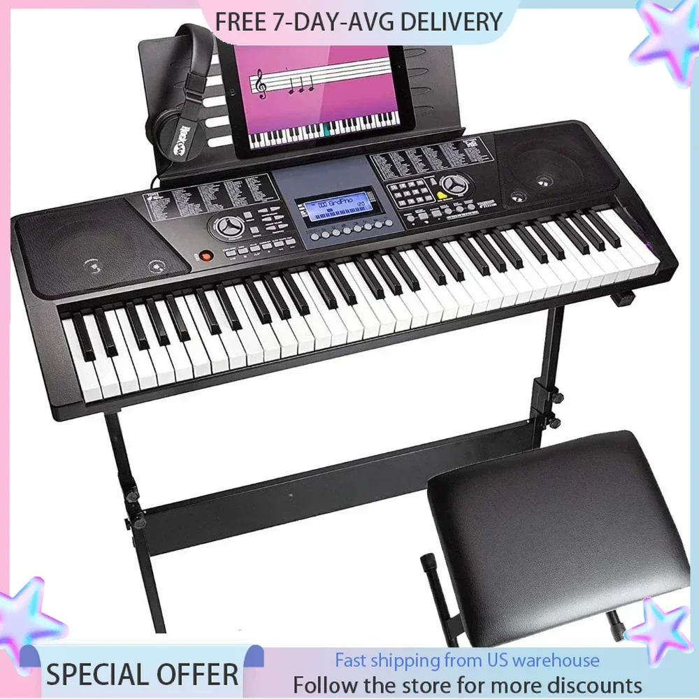 61 Key Keyboard Piano with LCD Display Kit, Stand, Bench, Headphones, Simply App & Keynote Stickers Keyboard Piano