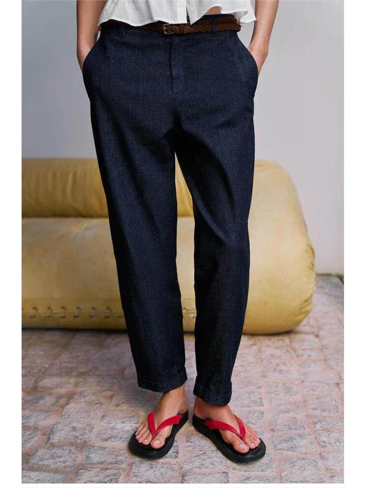Low Waist Woven Belt Decorative Cuffed Straight Leg Casual Pants mid Stretch Knitted Trousers for Women Spring Season