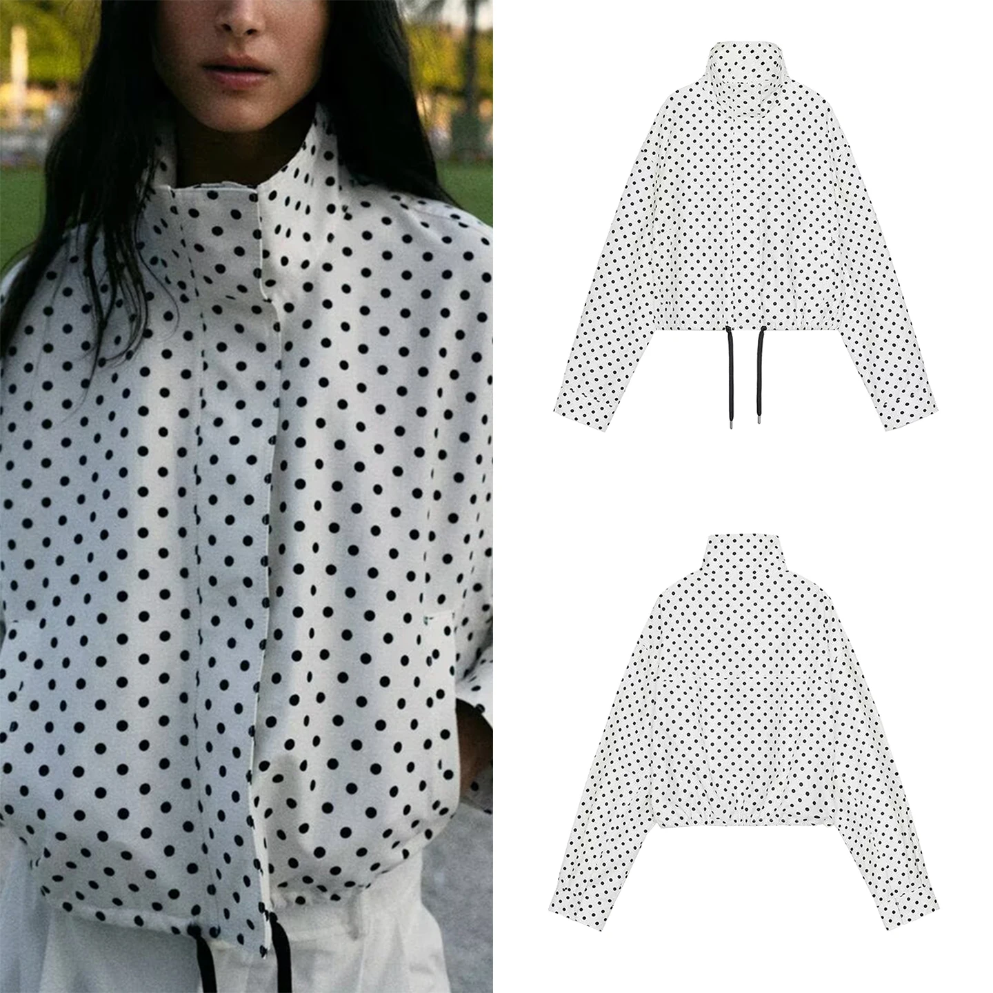 Ele Polka Dot Bubble irt Jaet for Women Summer 2025 Z Polyester Loose Fit Long Sve Zipper Closure Breathable