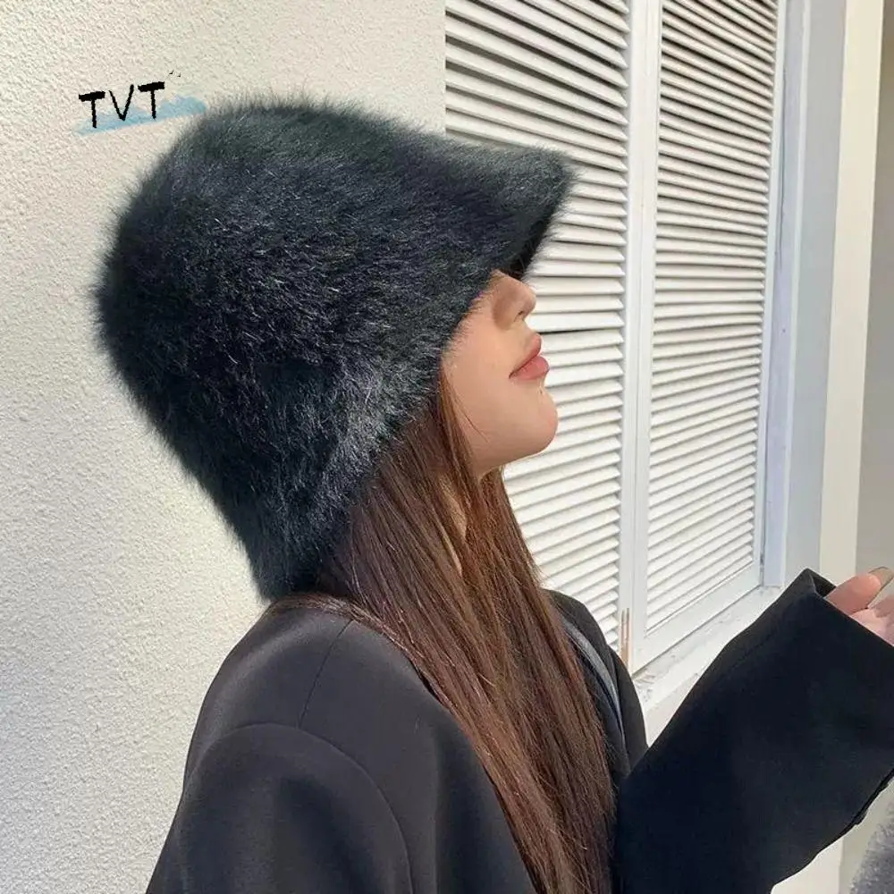 

Fashion Knitted Plush Bucket Cap Warm Solid Color Winter Fisherman Hat Windproof Furry Anti-cold Bucket Hat Daily