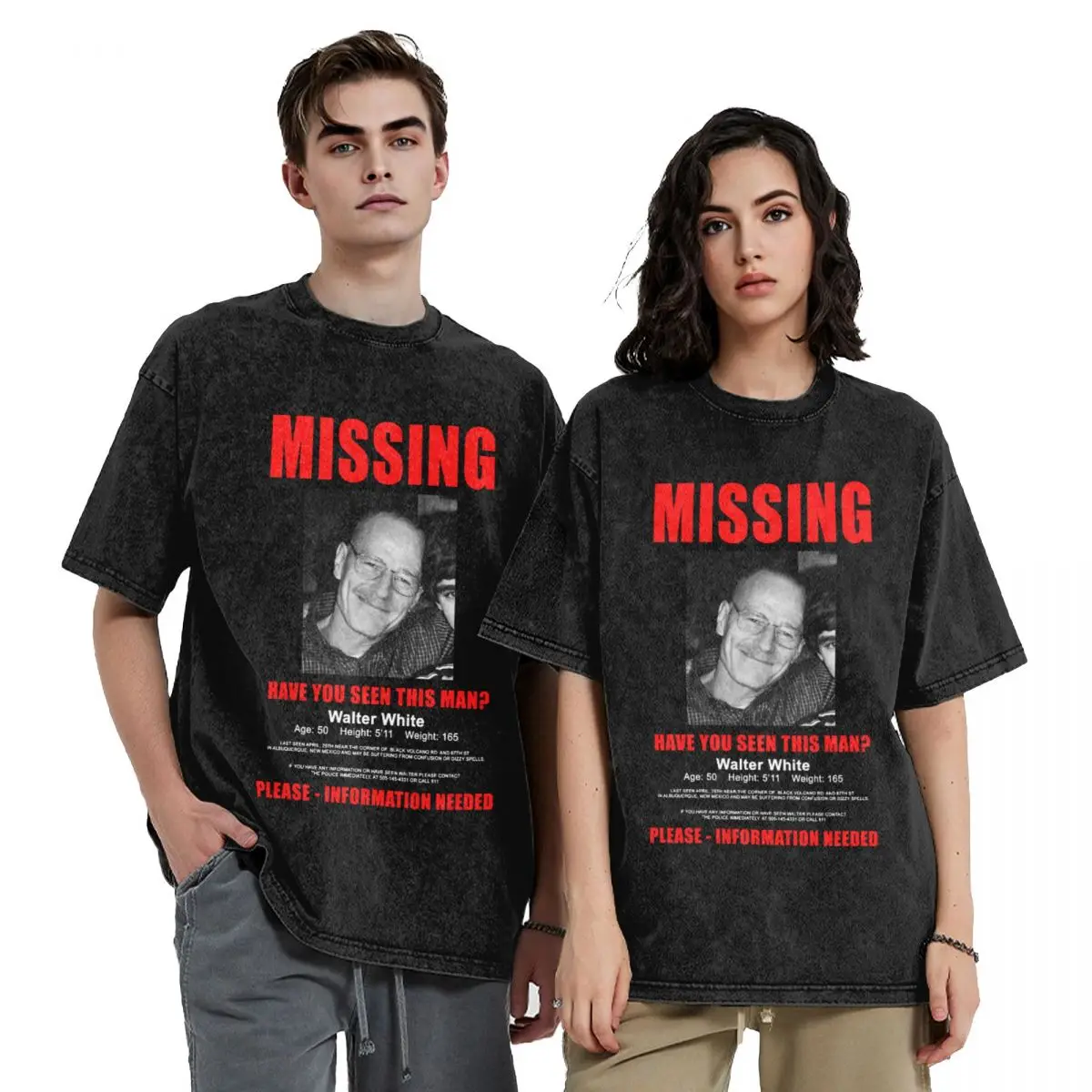 Washed T Shirt Walter White Missing Poster Breaking Bad Hip Hop Vintage T-Shirt Harajuku Streetwear Summer Tops Tee Shirt Men