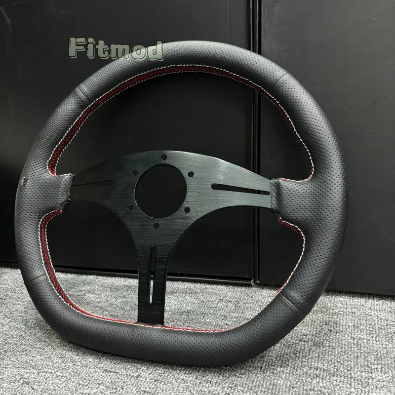 Universal 14-inch 350mm D-shaped modified steering wheel, perforated leather steering wheel, for car modification, racing simula
