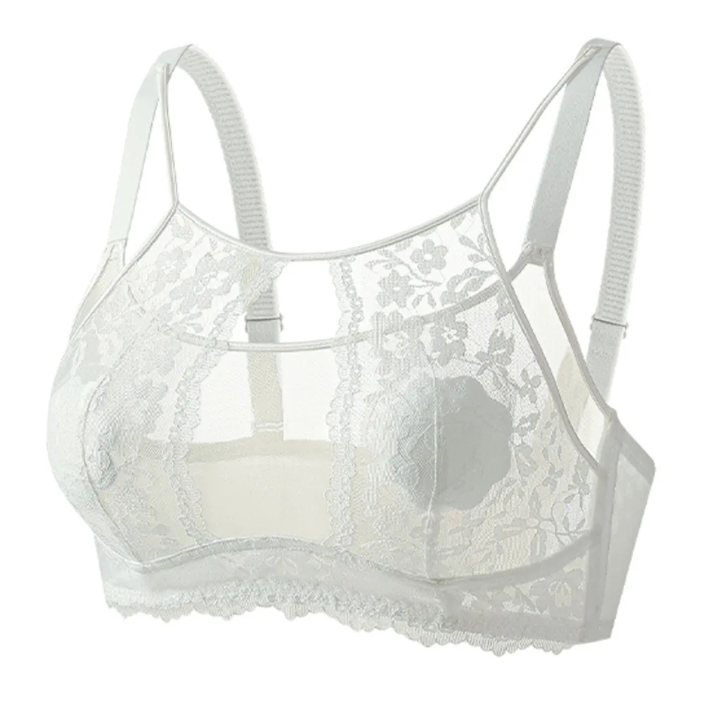 Bequemer Mesh-Blume-BH, kabellos, tiefer V-Ausschnitt, Anti-Durchhängen, stoßfeste Unterwäsche für Frauen, verstellbare Dessous, Spitze, dünner BH für Mädchen