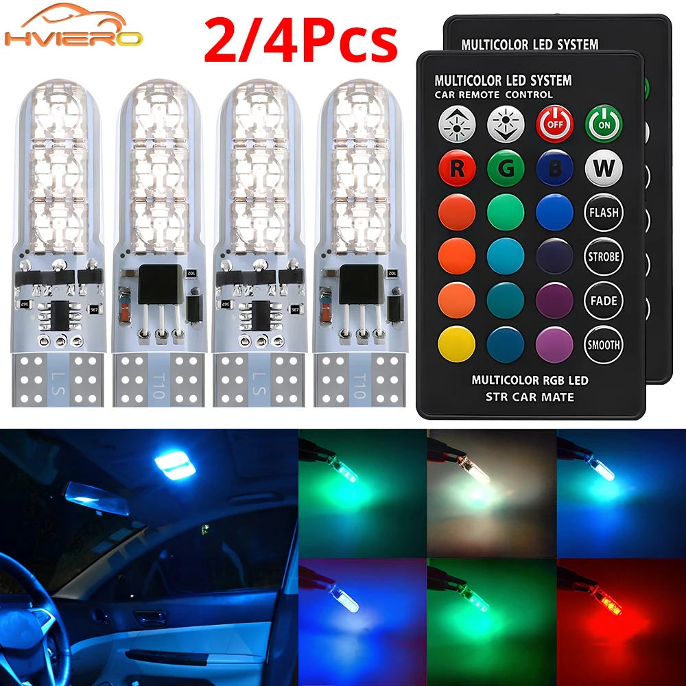 2/4X Car Signal Atmosphere Bulb T10 5050 6SMD Waterproof W5W Remote Controller RGB 194 168 Dome Light Silicone Wedge Side DC 12V