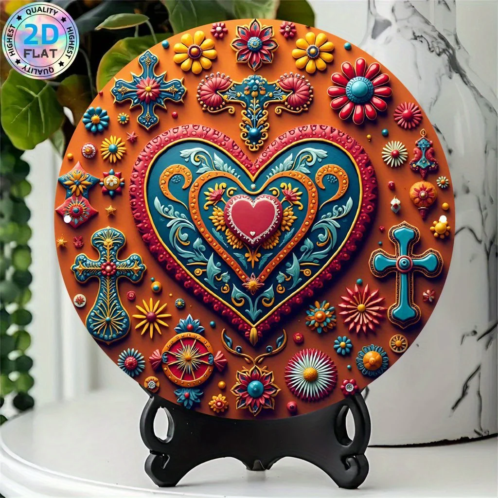 Mexican Folk Art Aluminum Wall Decor Heart Cross Bohemian Hanging