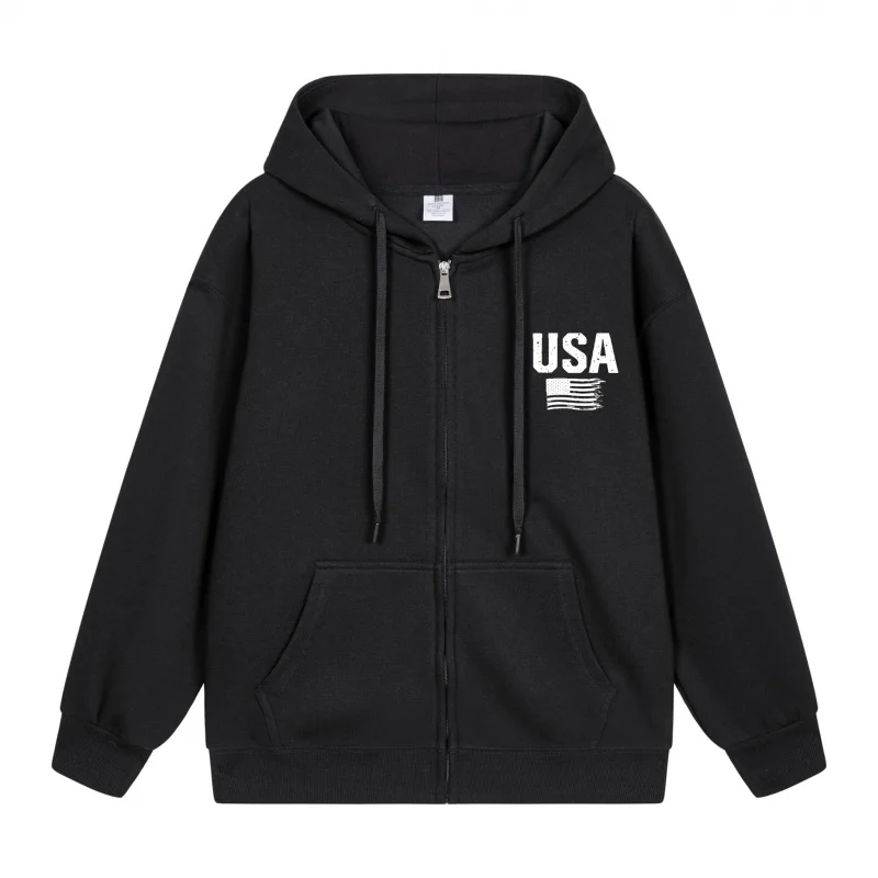 

Men's Zip-Up Hoodie Black Usa Flag Print Hoodie 2025 New Style Casual Couples’ Style Casual and Loose