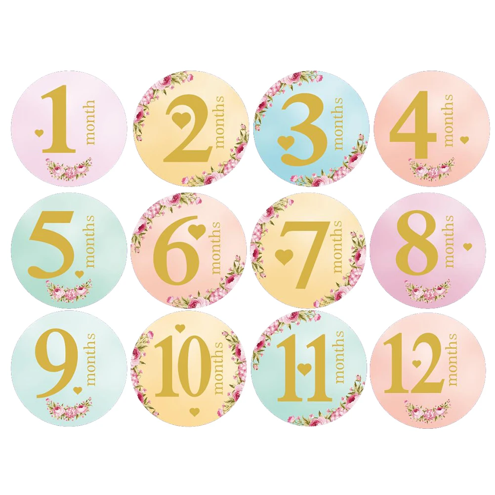 

12pcs Monthly Stickers Round Shaped Self-Adhesive Milestone Stickers Newborn Infant Photo Props Shower Keepsakes