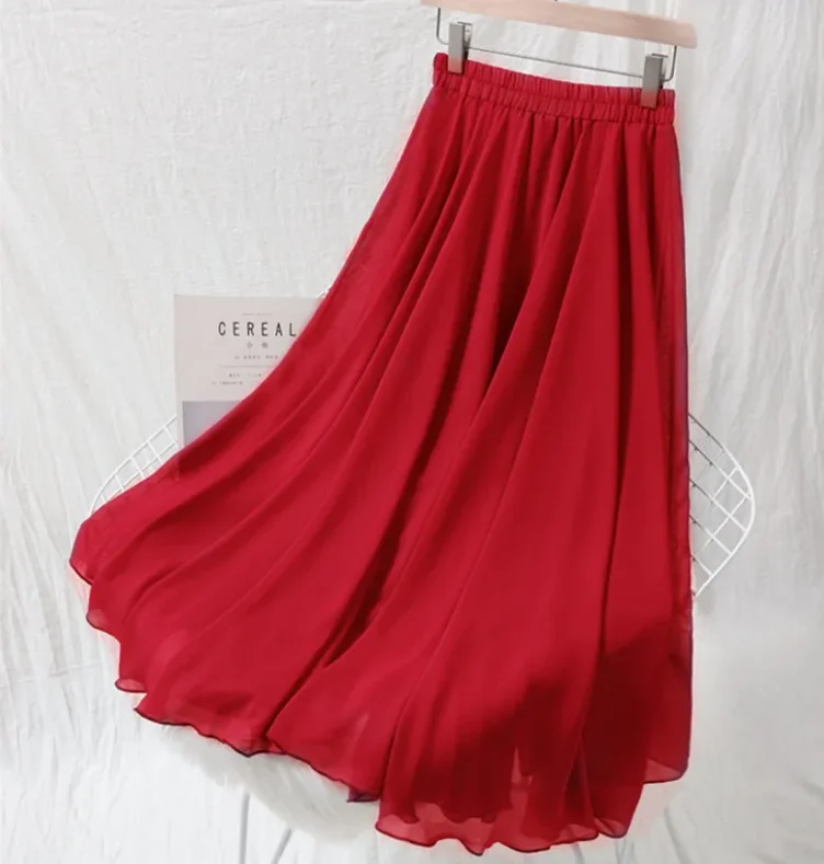 Faldas largas plisadas de gasa para primavera y otoño de talla grande para mujer, falda maxi de fiesta Vintage de verano, faldas rojas, blancas y negras