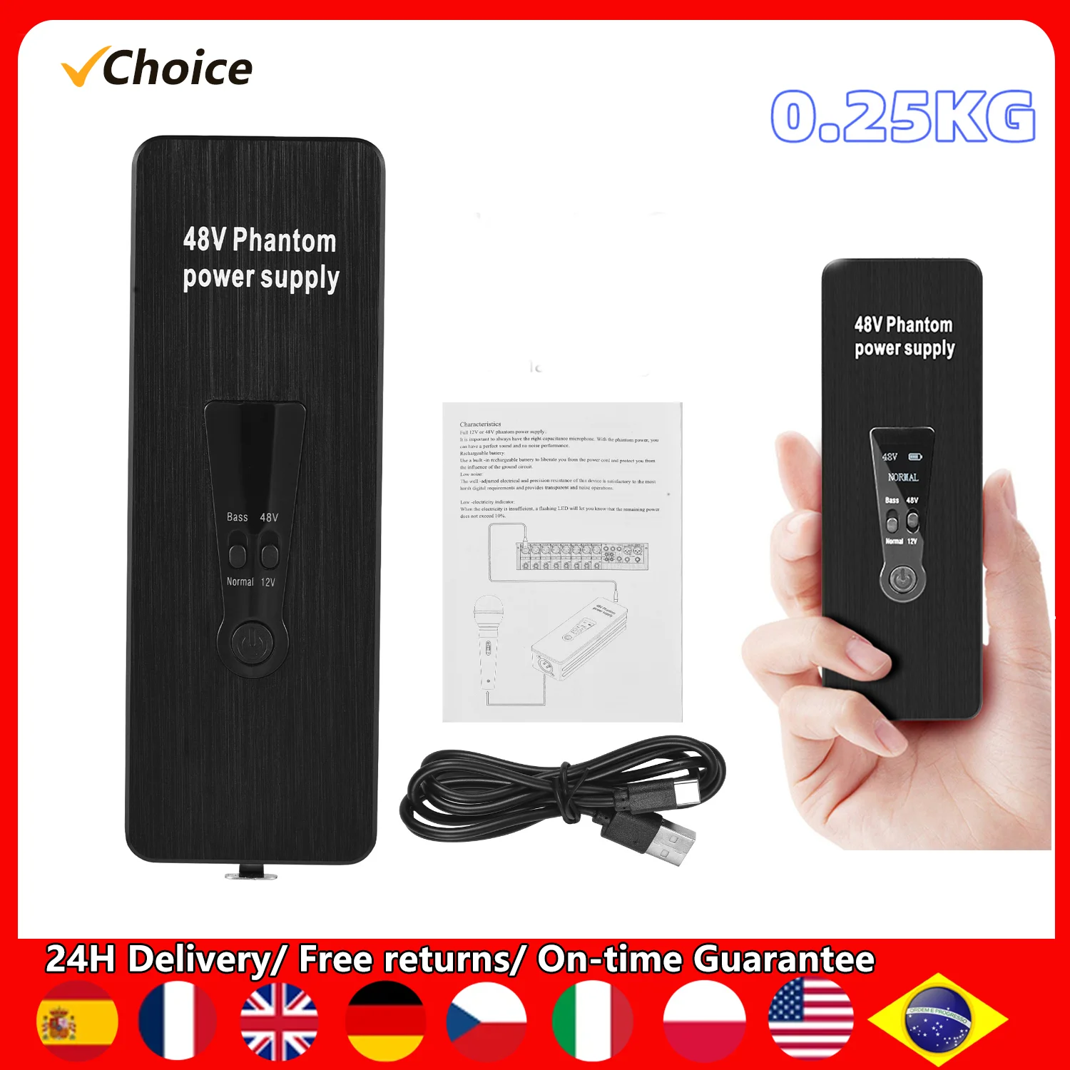 

Фантомный источник питания 48 В/12 В для конденсаторных микрофонов Стандартный Портативный Перезаряжаемый фантомный источник питания с низким уровнем шума