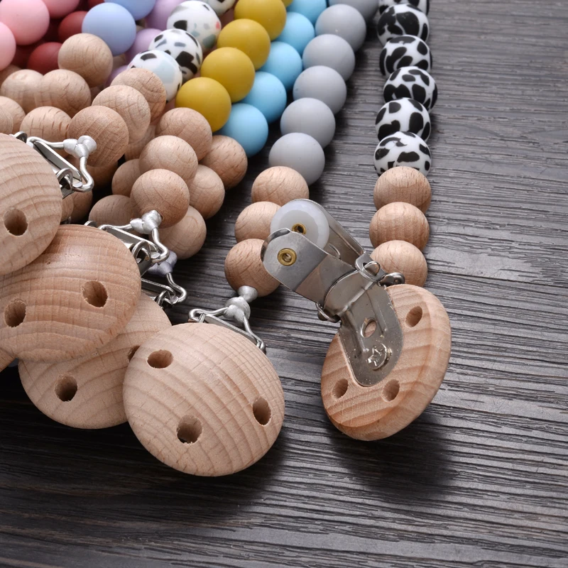 Baby Silicone Pacifier Clips Round Beech Wooden Beads Dummy Holder Clip For Teether Nursing Chew Toys Soothing Nipple Chain