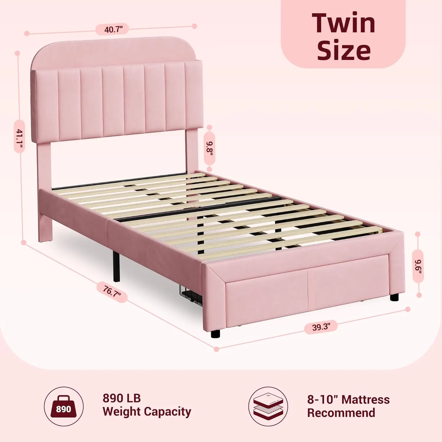 Twin Bed Frame for Kids, Upholstered Platform Bed with Large Storage Drawer and Bookcase Headboard, Girls Bed, Noise-