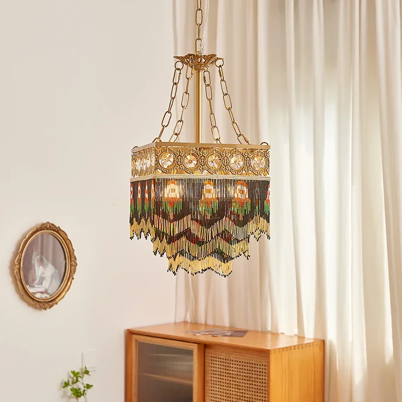 

GHJUYIOL French retro restaurant, living room, bedroom, romantic countryside flower, pearl tassel, all copper chandelier