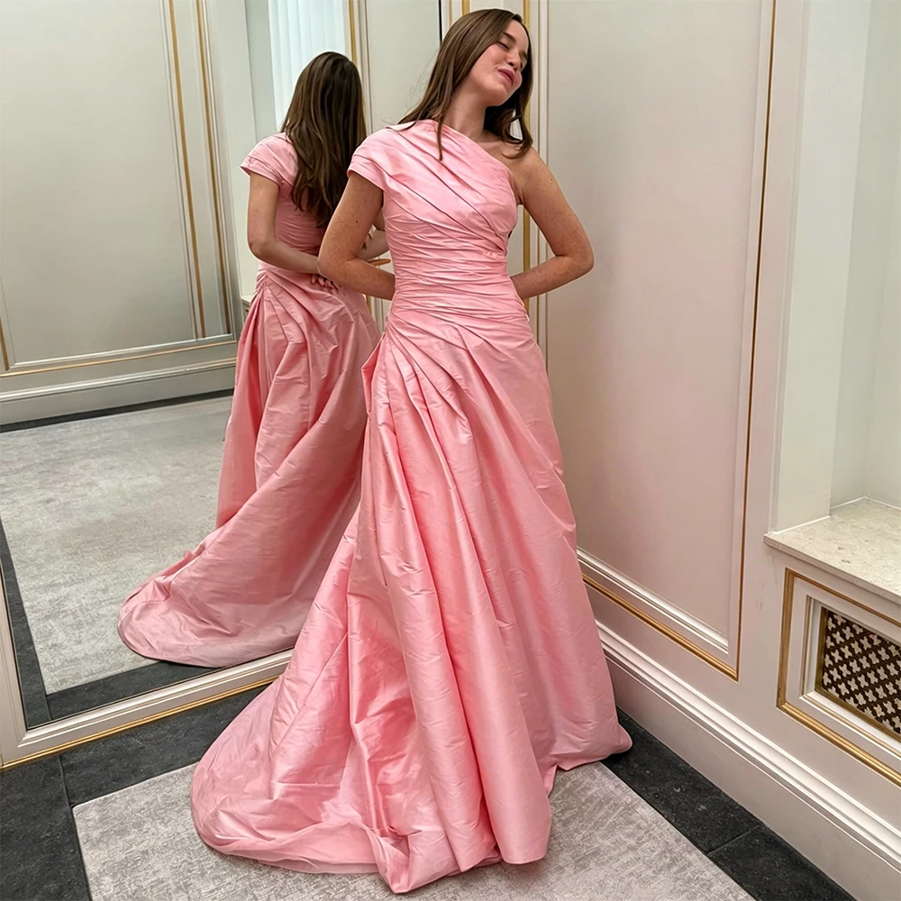 

Customized Modern Evening Gowns for Women 2026 One Shoulder Elegant Prom Dresses Pink Taffeta Pleated Mermaid Formal Dress Long